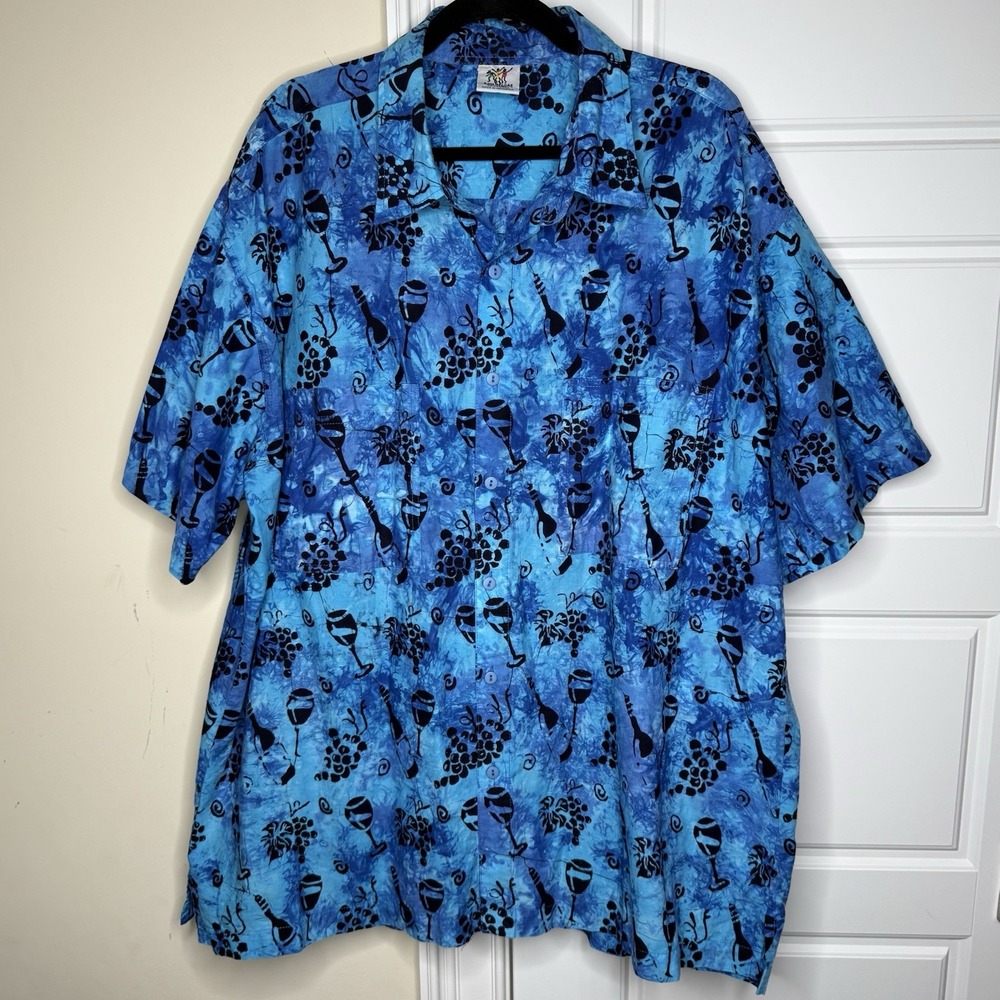 Rum Reggae Hawaiian Shirt Mens 4XL Button Batik Blue Tie Dye Wine Grapes VTG